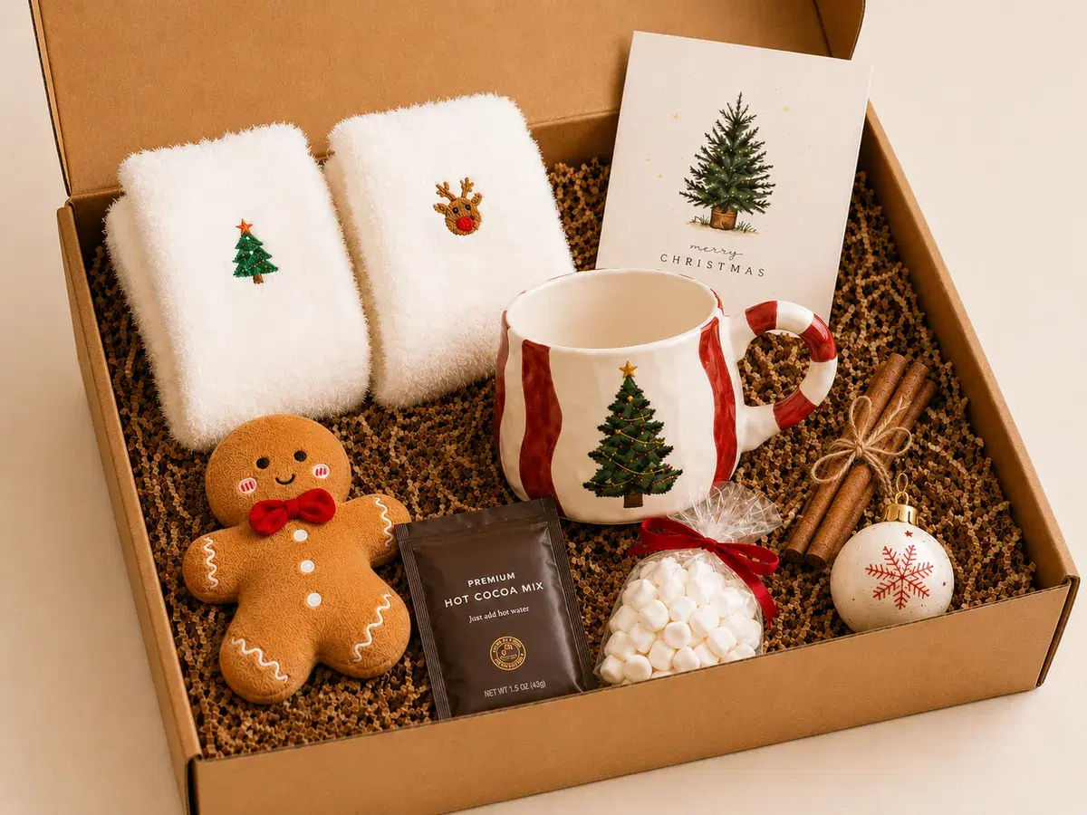 Open Christmas curated gift box with a pair of festive fluffy socks, hand-painted Christmas tree mug, hot cocoa mix, marshmallows, gingerbread plush, cinnamon sticks and a snowflake ornament