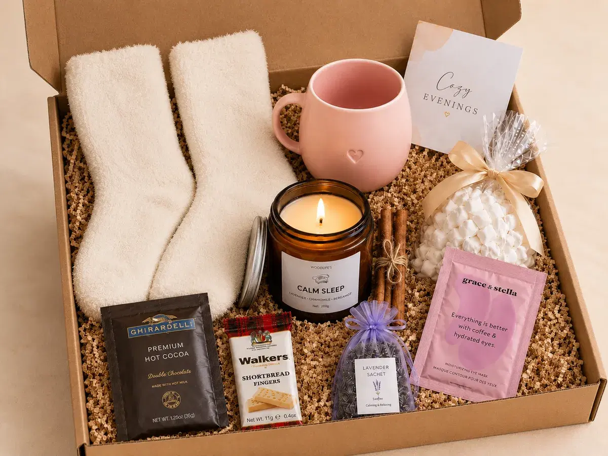 Open Cozy Evenings curated gift box with fluffy socks, pink ceramic mug, Calm Sleep aromatherapy candle, hot cocoa, shortbread, marshmallows, lavender sachet and under-eye masks