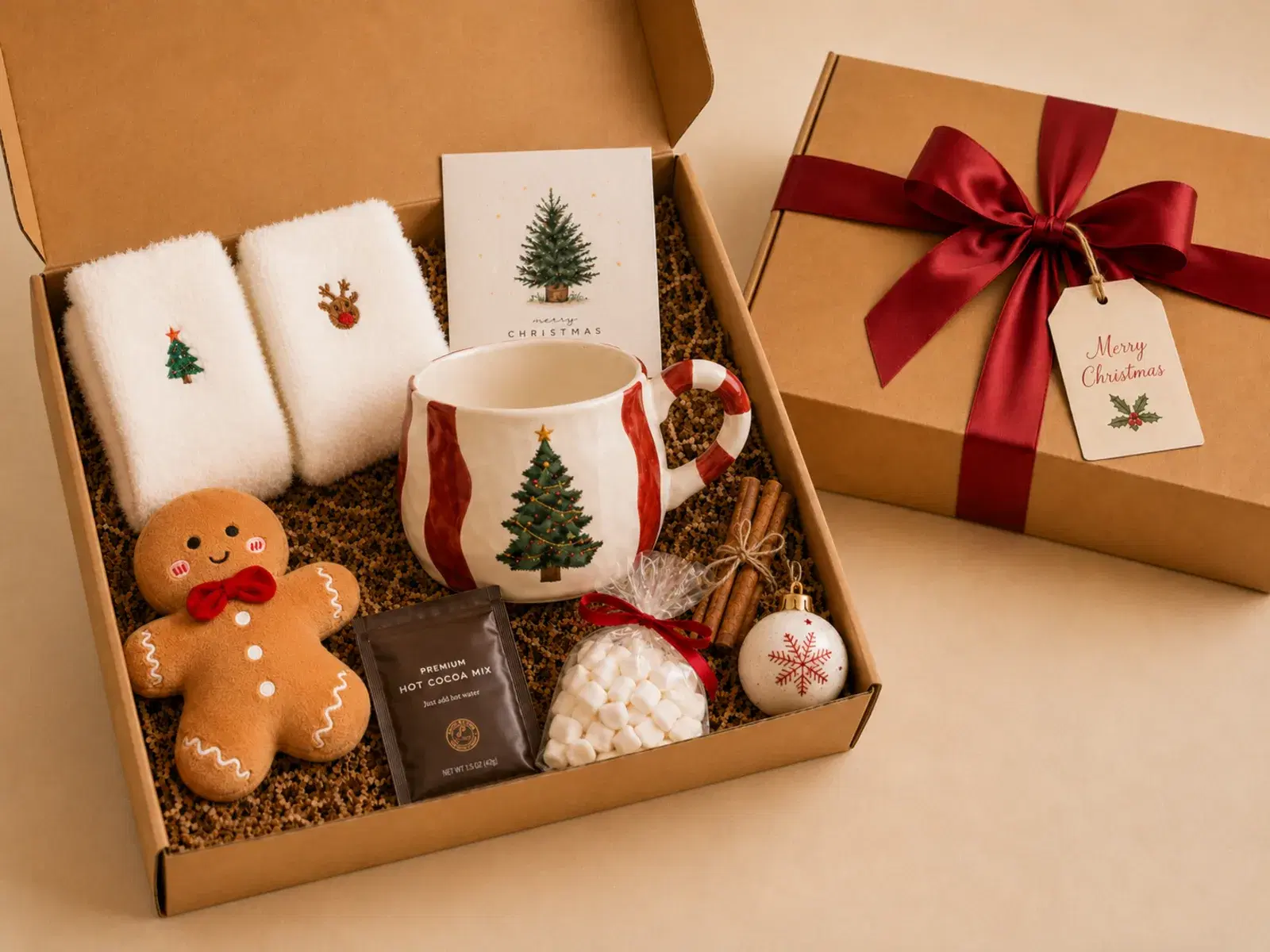 WishDeck Christmas curated gift box open beside a gift-wrapped kraft box with a red satin ribbon and Merry Christmas tag