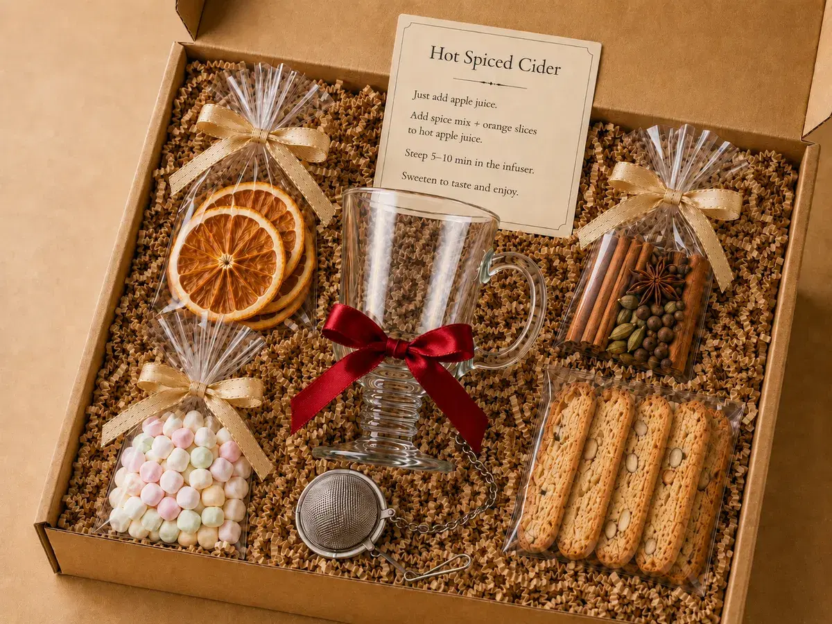 Open Hot Spiced Cider Kit gift box with a glass mug, spice infuser, mulling spice mix, dried orange slices, almond biscotti, mini marshmallows and a recipe card