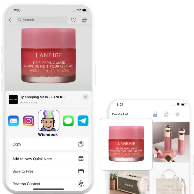 WishDeck mobile app screenshot showing adding wish in one click