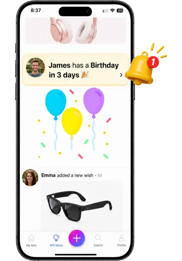 موجز أفكار الهدايا في WishDeck مع تذكير بعيد ميلاد وأمنية جديدة لصديقة