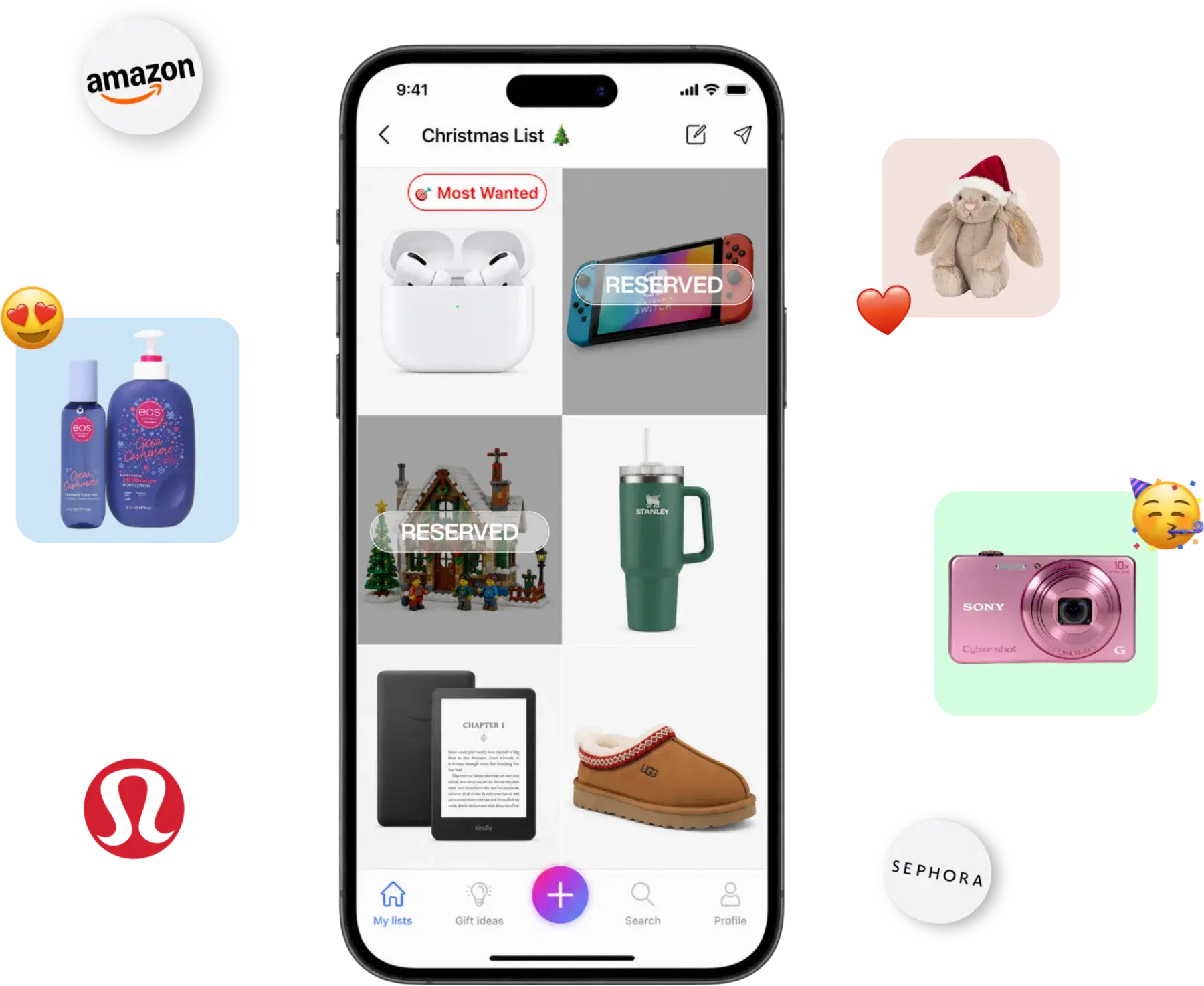 تطبيق WishDeck على iPhone يعرض قائمة كريسماس بهدايا محجوزة سرًّا وأمنيات مضافة من Amazon وSephora وlululemon ومتاجر أخرى