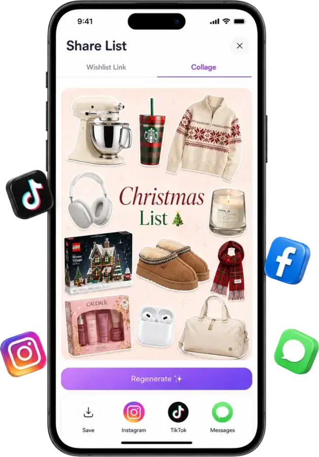 شاشة المشاركة في WishDeck تُنشئ كولاج قائمة كريسماس لـ Instagram وTikTok والرسائل
