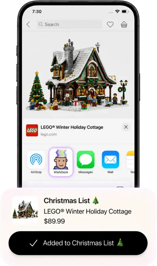 iPhone के शेयर मेनू से lego.com का LEGO सेट WishDeck क्रिसमस लिस्ट में जोड़ा जा रहा है