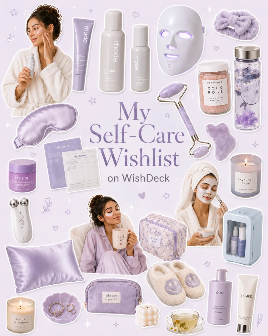 Lavender self-care wishlist collage with an LED face mask, gua sha, silk pillowcase, candles, and skincare