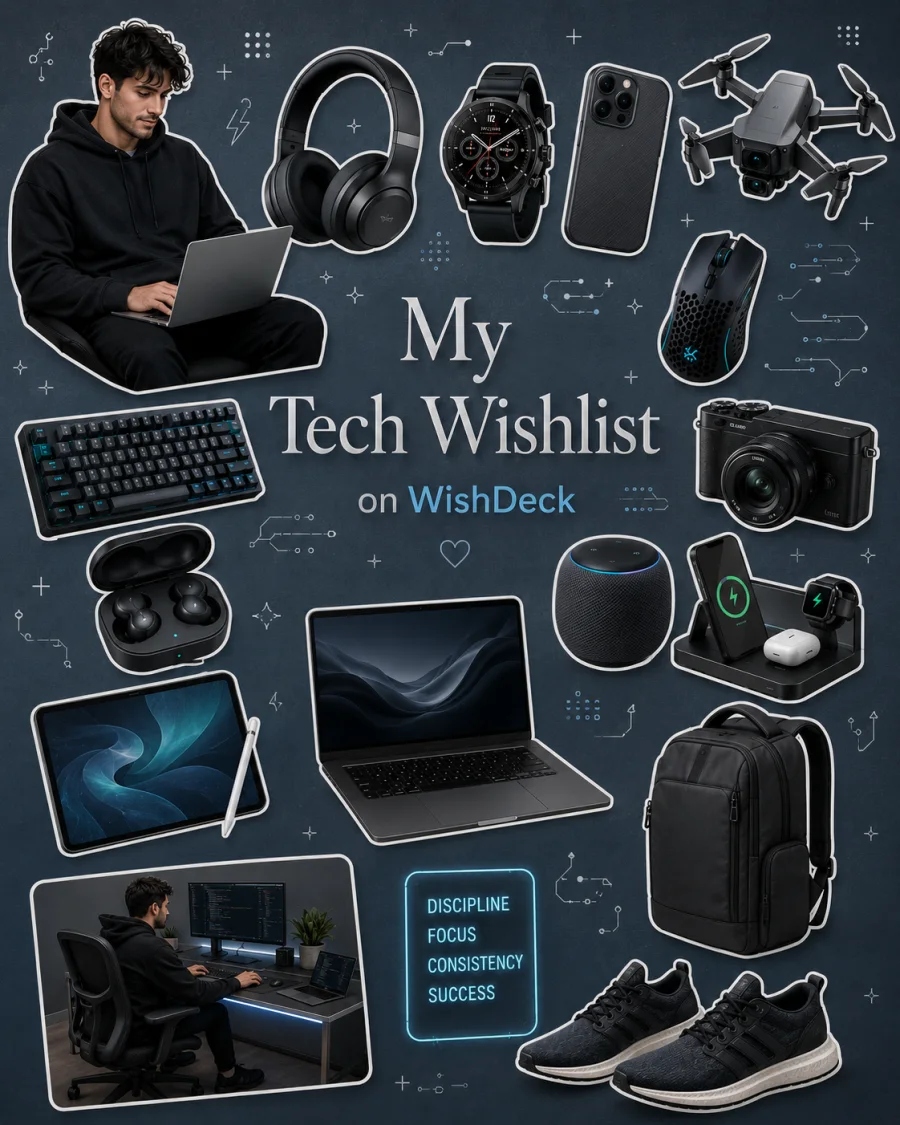 Dark navy tech wishlist collage with headphones, a mechanical keyboard, a laptop, a drone, and a focused workspace