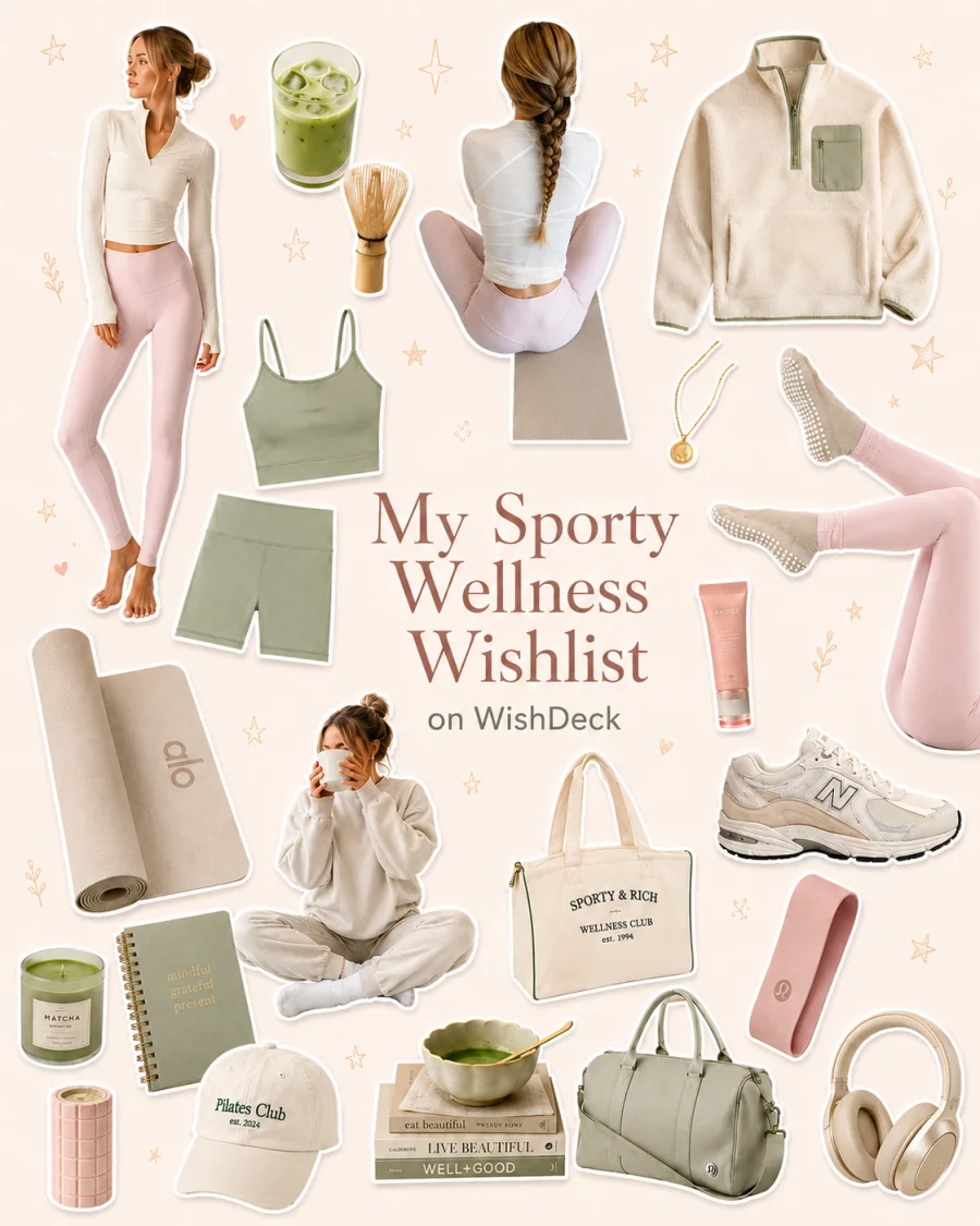 Sporty wellness wishlist collage with pink and sage athleisure, matcha, a yoga mat, Pilates essentials, and New Balance sneakers