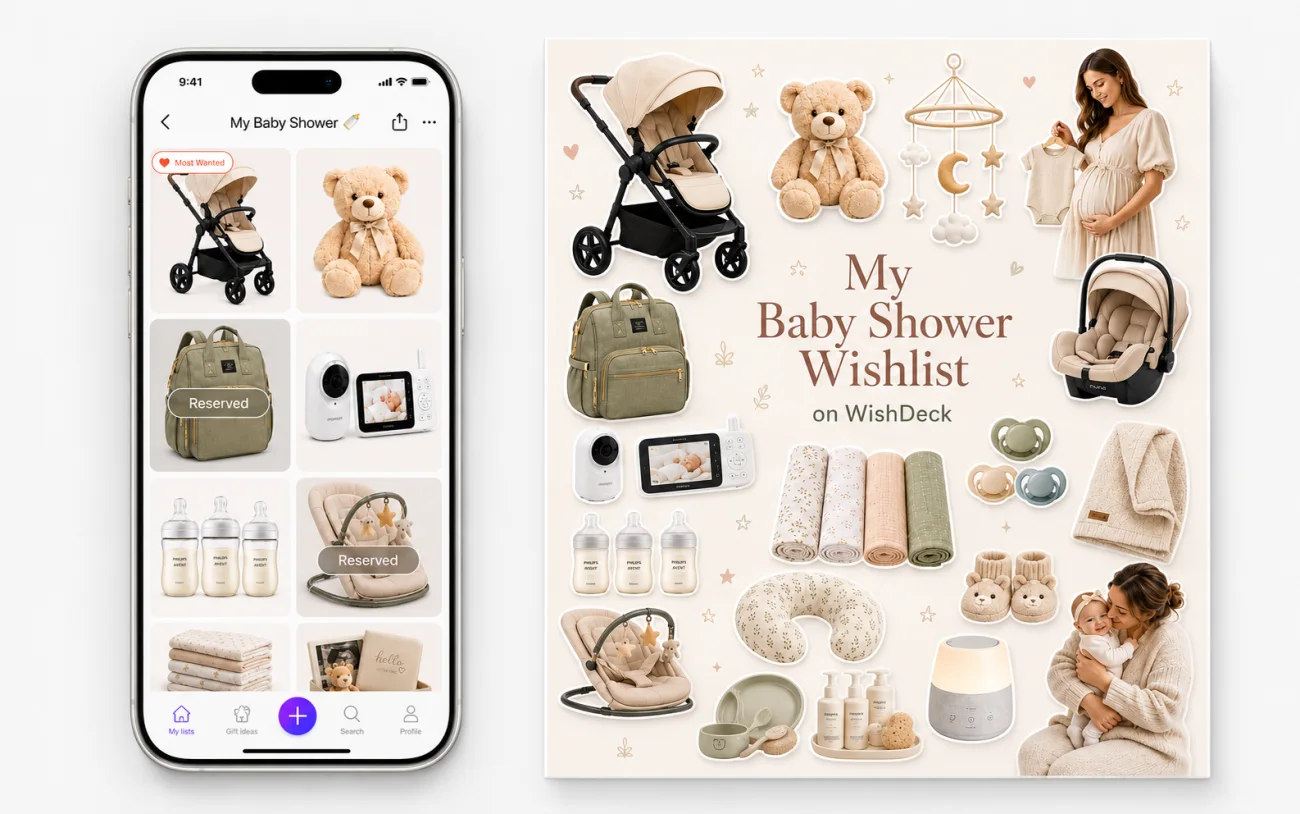 WishDeck baby shower wishlist shown two ways: the in-app list with Most Wanted and Reserved labels on a stroller, diaper backpack, and baby bouncer, beside the shareable My Baby Shower Wishlist collage