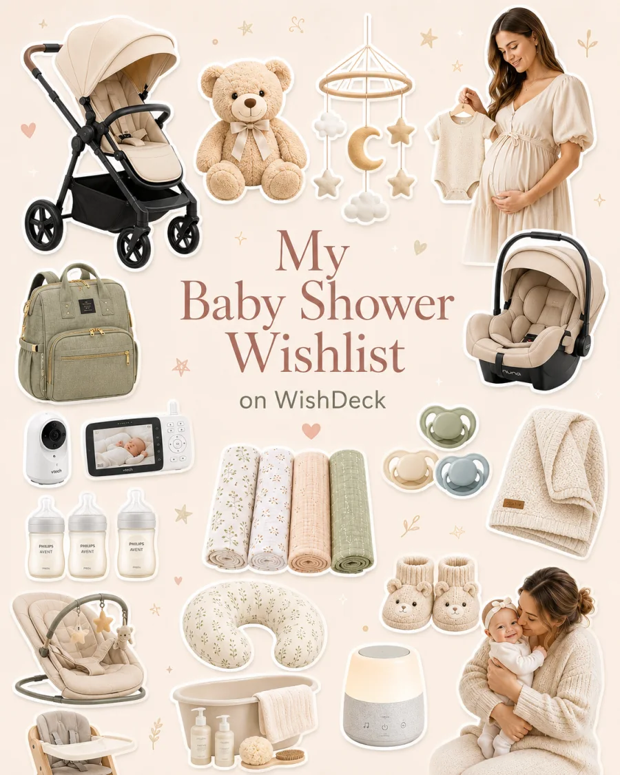 Neutral beige baby shower wishlist collage with a stroller, car seat, teddy bear, swaddles, bottles, and nursery essentials