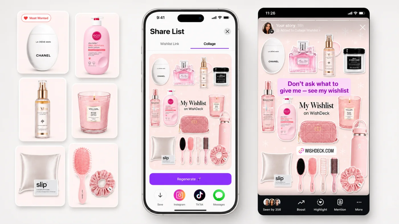 Three steps in WishDeck side by side: adding items to a wishlist with a Most Wanted label, generating a collage on the Share List screen, and sharing it as an Instagram story with a see my wishlist sticker and the WishDeck link