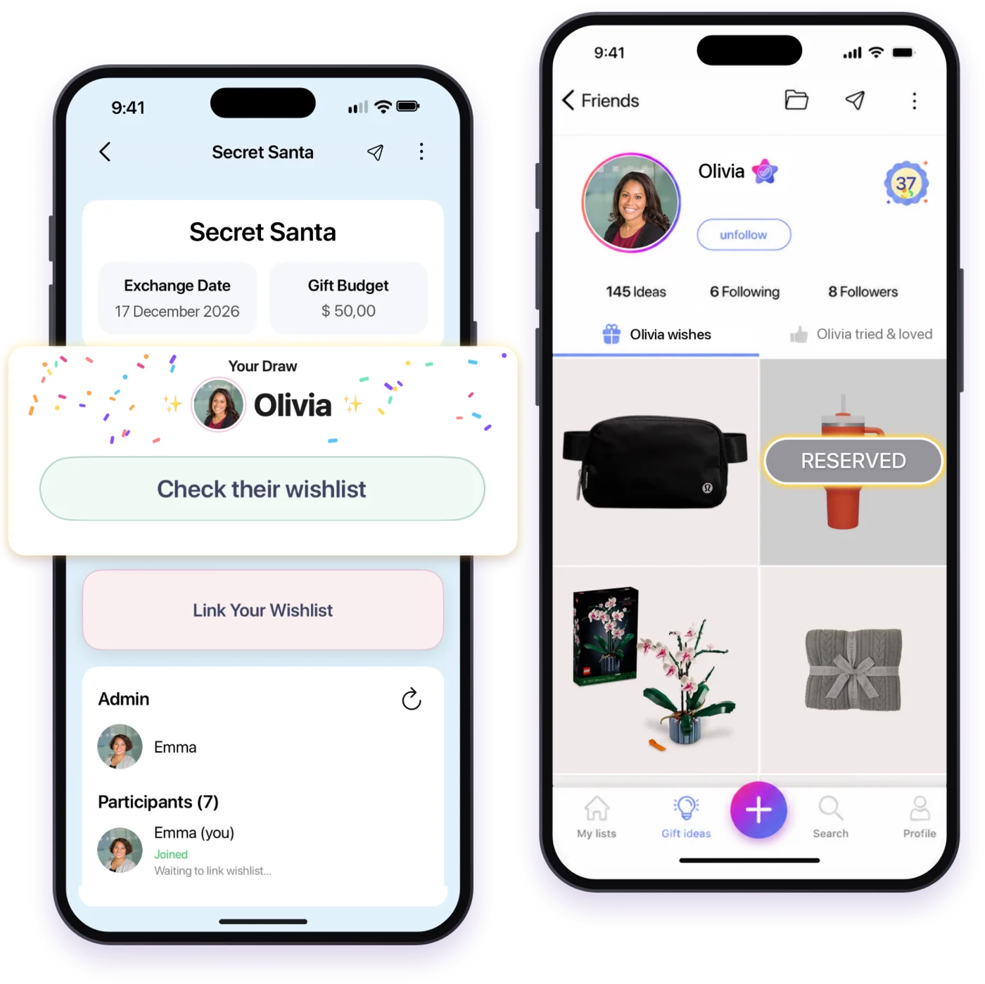 WishDeck office Secret Santa on two phones: the draw reveals Olivia with confetti, and Olivia’s wishlist shows what she actually wants