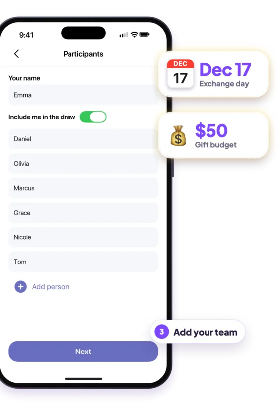 Setting up an office Secret Santa in WishDeck: the team list with the exchange day (December 17) and a 50 dollar gift budget