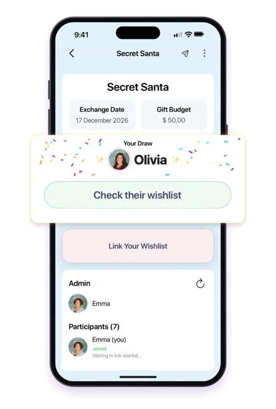 A Secret Santa draw in WishDeck revealing Olivia with confetti and a Check their wishlist button; the game shows the December 17 exchange date and 50 dollar budget