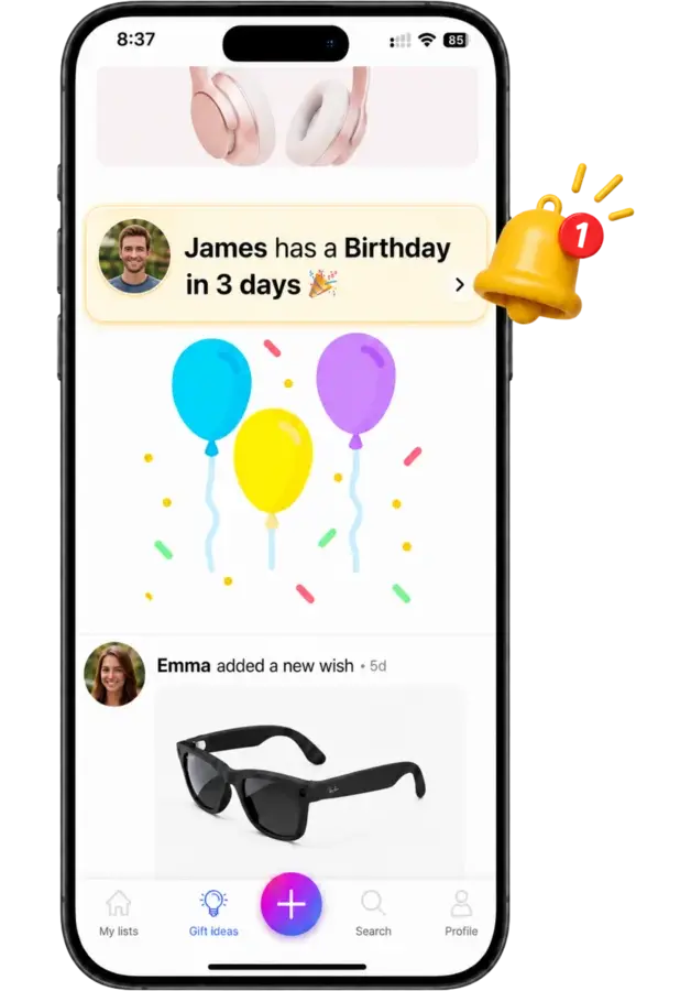 WishDeck gift ideas feed with a birthday reminder and a friend adding a new wish
