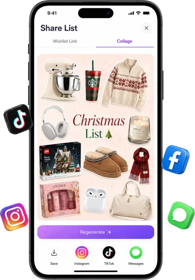 WishDeck Share List screen turning a Christmas wishlist into a collage for Instagram, TikTok and Messages