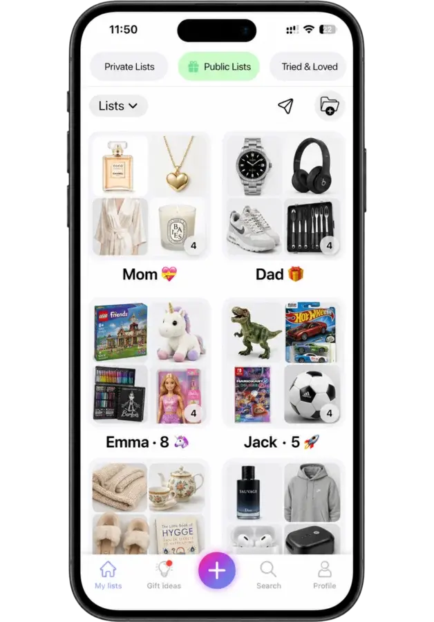 WishDeck My Lists screen with gift lists for Mom, Dad and the kids in one account