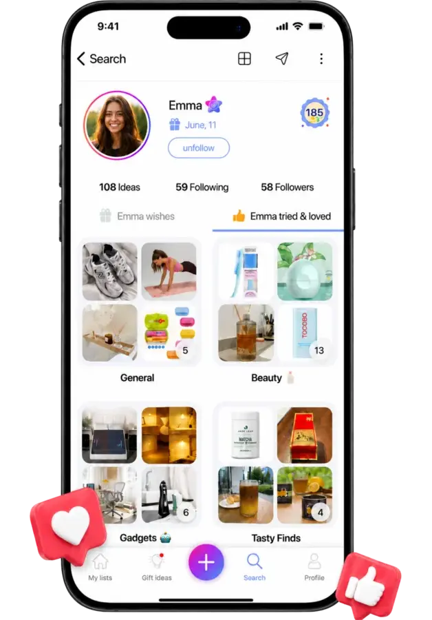 WishDeck profile with Tried and Loved recommendation collections for beauty, gadgets and tasty finds